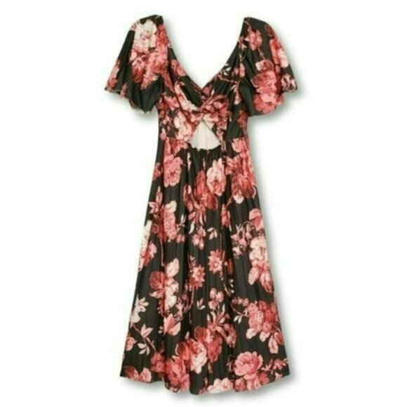 NWT ASOS Floral Print Twist Cut Out Back Flatter Sleeves Pleated Midi Dress - Picture 4 of 6